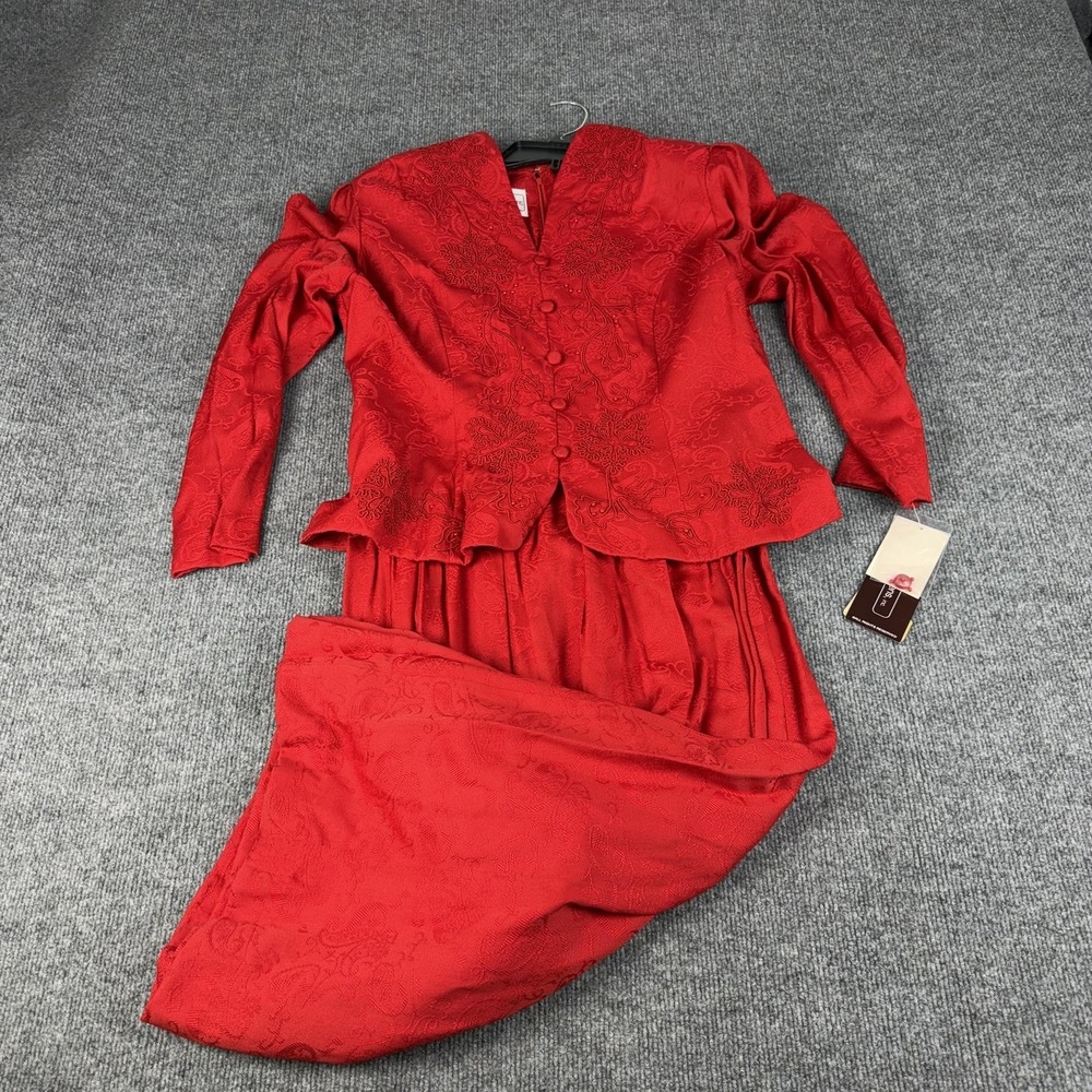 Karin Stevens Jacket Skirt‎ Dress Womens 14 Red Floral Jacquard Beaded Formal